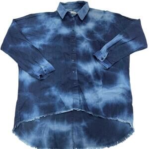 Zara Top Womens Medium Blue Tie Dye High‎ Low Button Down Tunic Raw Hem